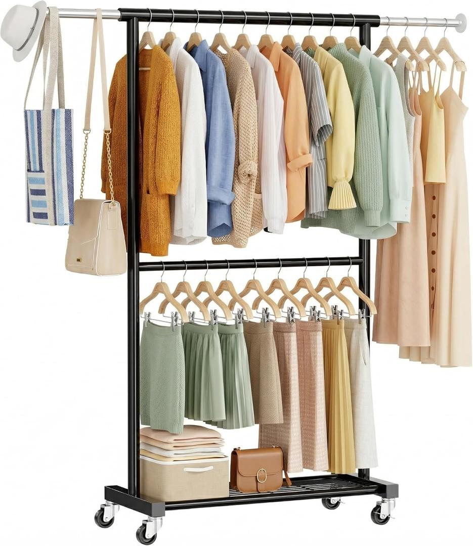 Retractable Clothes Rack on Wheels, Standard 50" L Double Clothing Garment Rack with Mesh Shelves, Rolling Adjustable Portable Wardrobe Rack for Bedroom, Laundry Room, Black