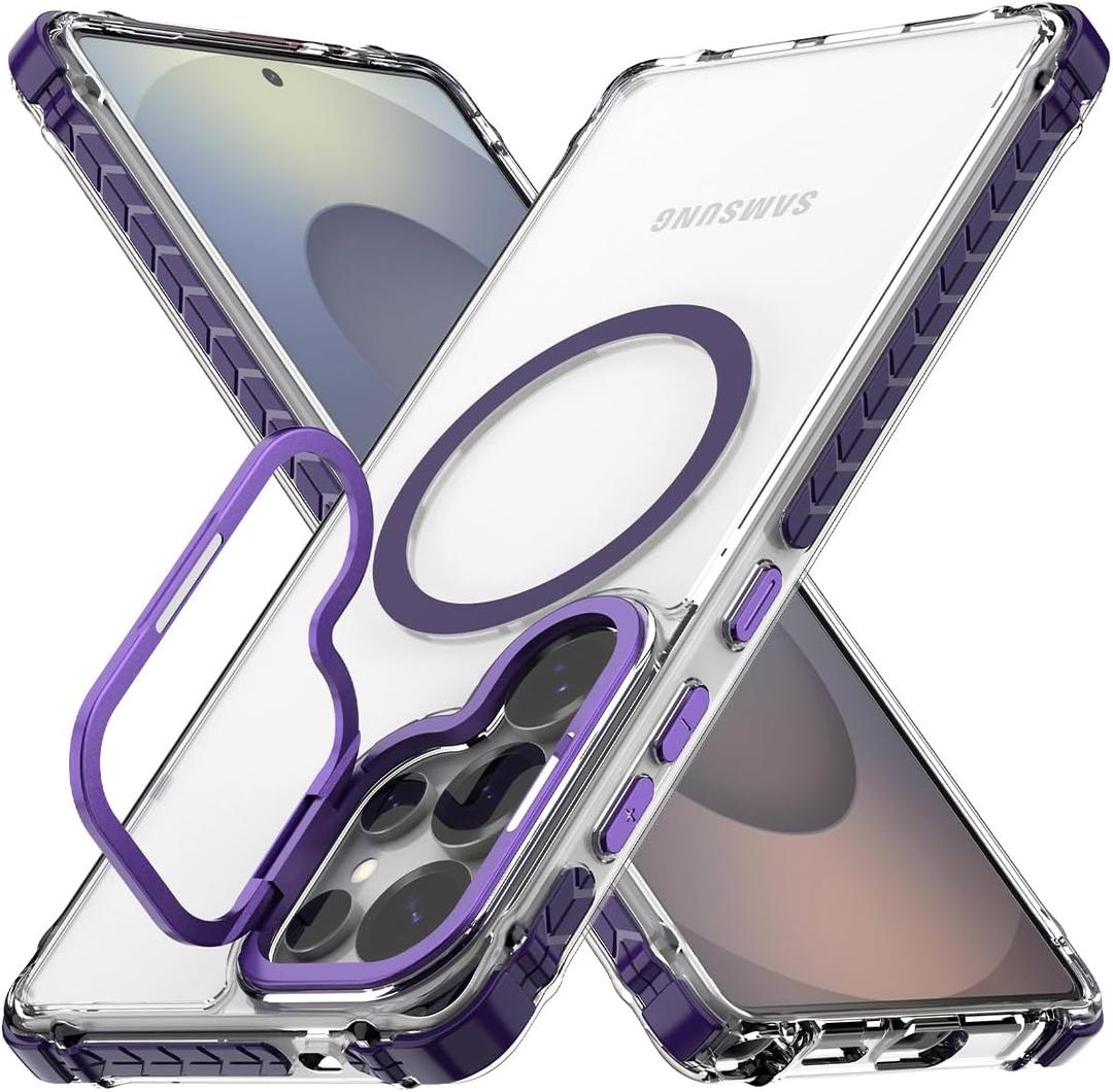 Nvollnoe for Samsung S25 Ultra Case Compatible with MagSafe Military Grade Shockproof Heavy Duty Protective Adjustable Kickstand Ultra Clear Magnetic Phone Case for Samsung S25 Ultra(Purple)