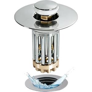 Anlige Bathroom Sink Drain Strainer, 3 in 1 Pop Up Bathroom Sink Stopper with Removable Brass Basket Hair Catcher, Universal Sink Plug for 1.06 to 1.6in Drain Hole, Chrome Silver