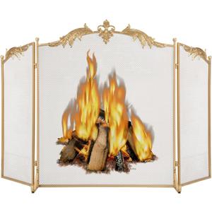 WICHEMI Fireplace Screen 3 Panel Folding Fireplace Screens 50.4 x 32.3 Inch Metal Furnace Fireguards Mesh Cover Baby Safe Proof Fence Spark Guard Cover Wrought Iron Fire Place Standing Gate (Golden)