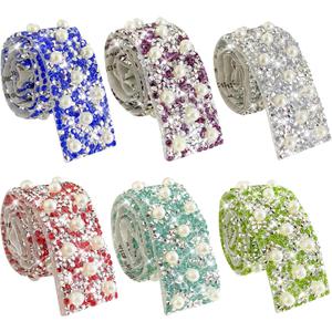 Jongdari Glitter Self Adhesive Rhinestone Pearl Ribbon Trim Tape, Crystal Decorative Bedazzling Strips Stickers for DIY Crafts, 6 Colors 30mm Wide Total 2.6 Yards