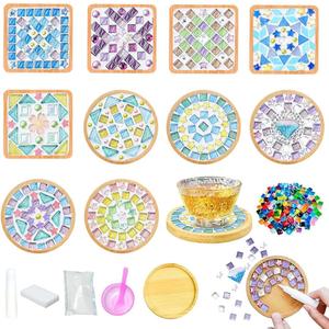 Airsnigi 10 Set DIY Mosaic Tiles for Crafts Mixed Color Mosaic Kits with Wooden Coasters Handmade Glass Coasters Crafts Set for Drinks Tray Handmade Home Decoration Christmas Gift