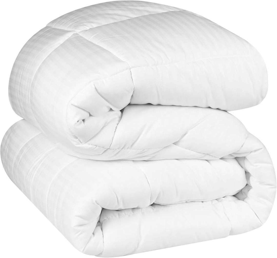 Superior Brushed Microfiber 1 cm Striped Comforter, Down Alternative Bedding, Reversible, Medium Weight, Fluffy, Decorative, Plush Duvet Insert, Oversized Blanket, Box Quilt Design, King, White