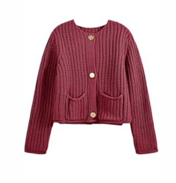 Saodimallsu Womens Button Up Sweaters Fall Chunky Knit Cropped Trendy Crewneck Loose Cardigan with Pockets (Medium, Red)