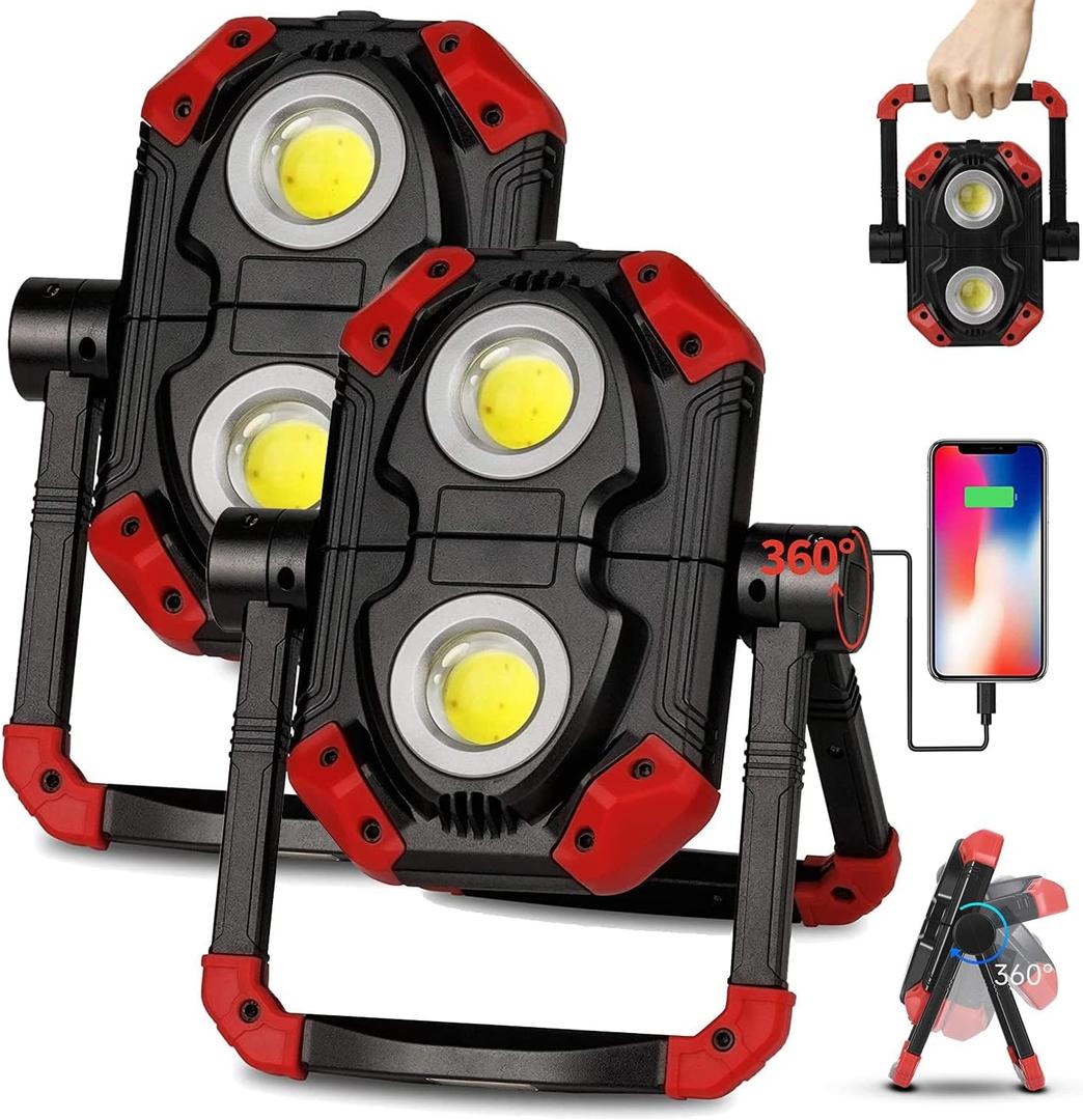 YZONI 2 Pack LED Work Light Rechargeable, 2 COB 2500LM Folding Portable Flood Light with Magnetic Base and 360 Rotation Stand, Spotlights for Camping Car Repairing Emergency Job Site Lighting