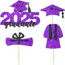 2025 Graduate Cake Topper Purple Glitter Congrats Grad Cake Topper Class of 2025 Cake Decor for 2025 Senior High School/College/University Happy 2025 Graduation Party Supplies Decorations, Pack of 4