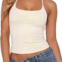 QINSEN Self Tie Halter Neck Basic Shirts for Womens Double Lined Slimming Fit Going Out Sleeveless Tops (Beige, XS)
