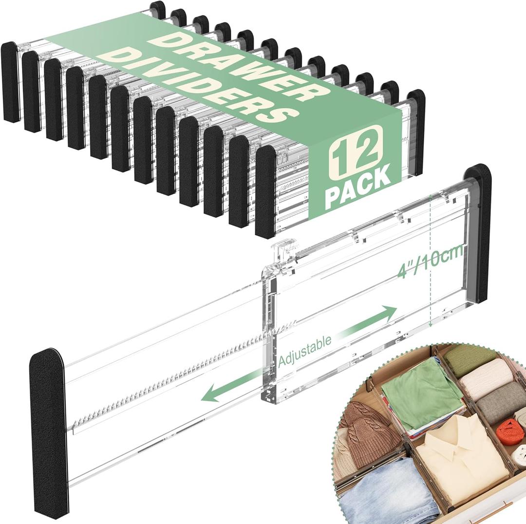 Adjustable Drawer Dividers, 4'' High Expandable Drawer Organizers for Clothes, 12 Pack 12.6-22.8'' Drawer Separators for Kitchen/Bedroom/Office/Bathroom Organization and Storage (Clear)