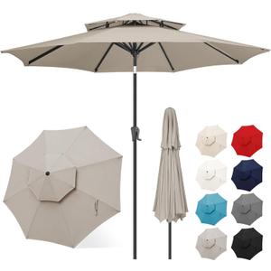 FLAME&SHADE 9ft Patio Umbrella - 2 Tiers Outdoor Umbrella with Push Button Tilt and Crank for UV Protection, Table Market Umbrella for Garden, Deck, Backyard, Pool and Beach(Taupe)