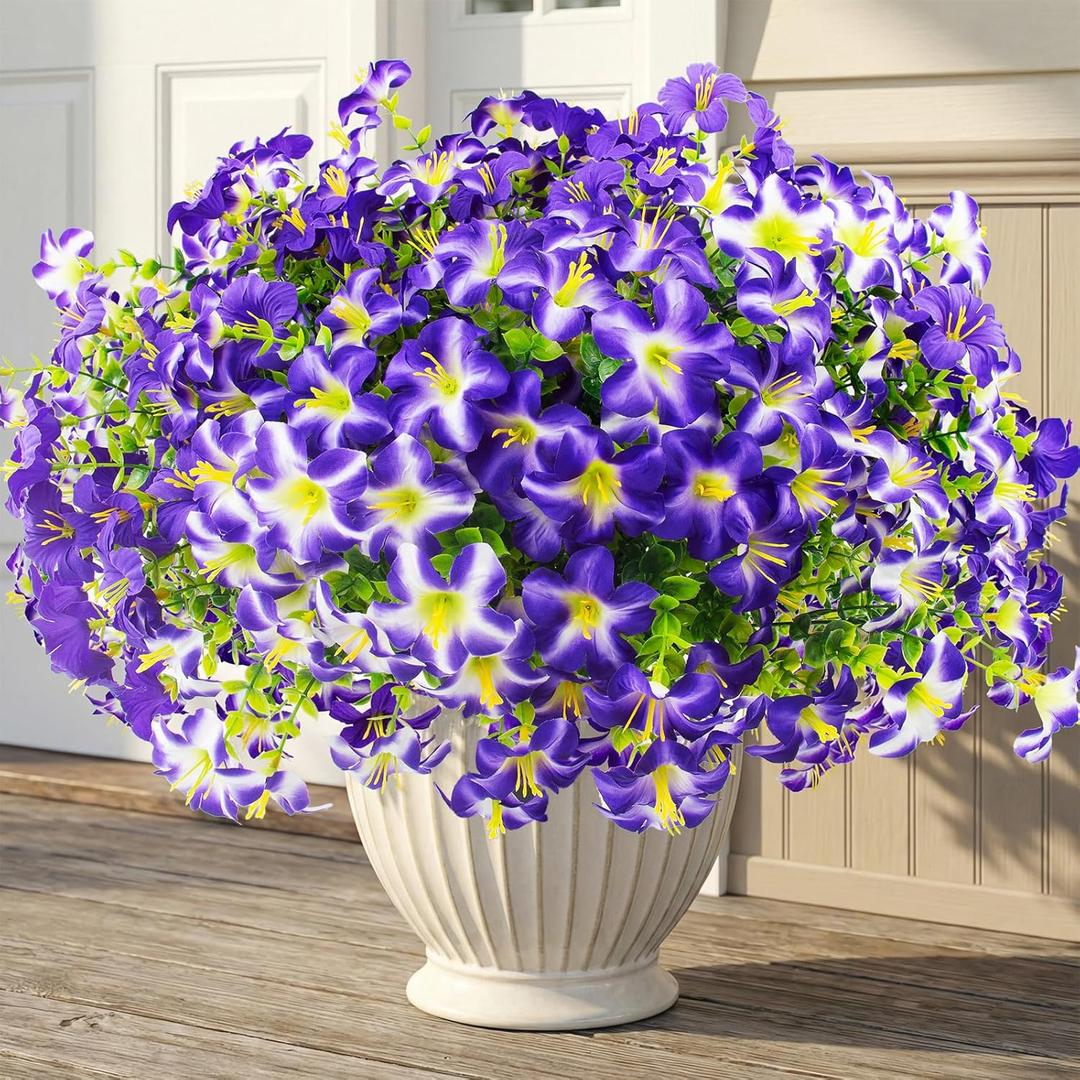 Daynight 16 Pcs Faux Petunias Artificial Flowers for Outdoors, UV Resistant Fake Purple Petunias Plants Realistic Silk Flowers for Porch Front Door Garden Window Outside Decor (16, Purple)