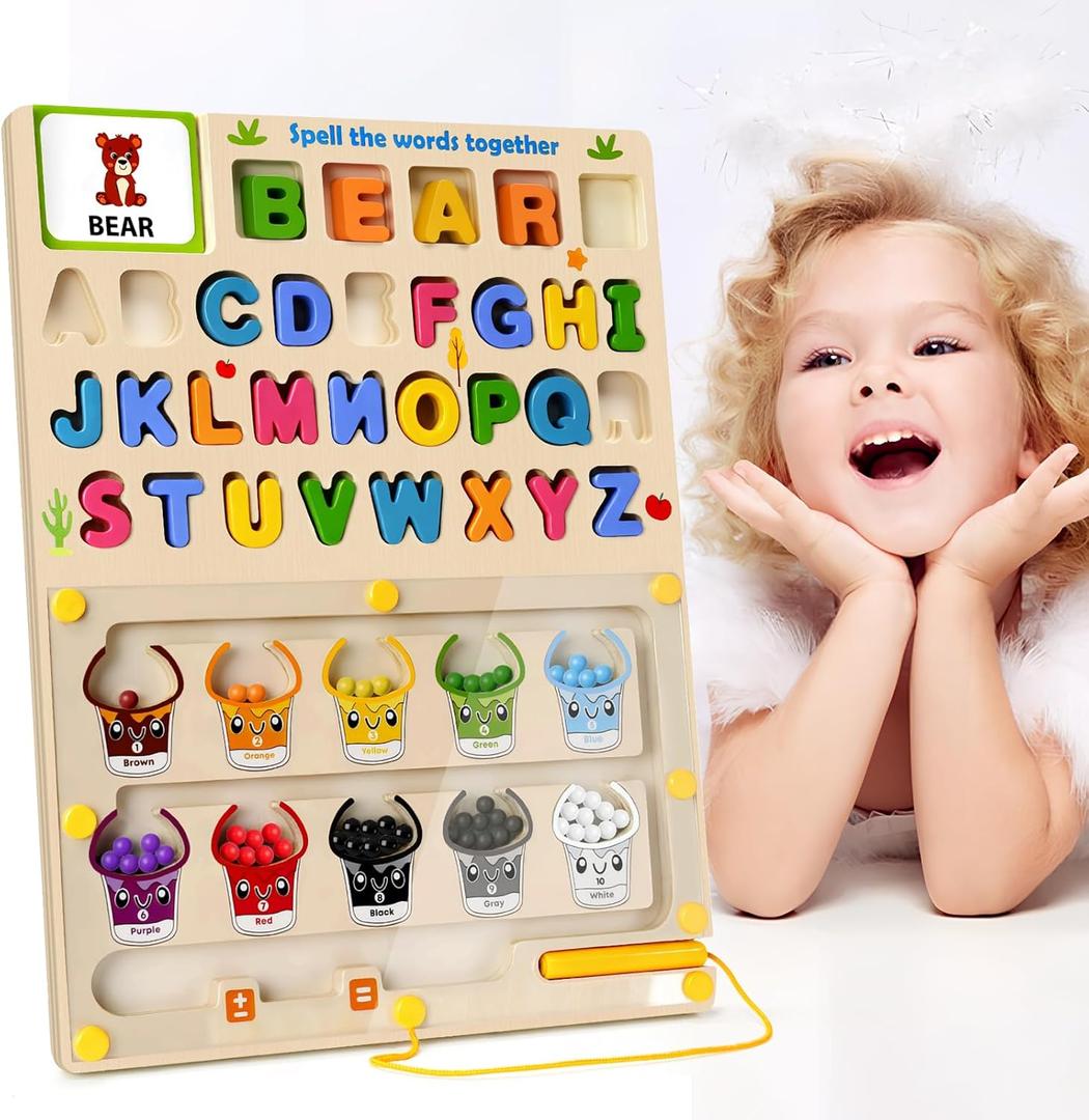 Magnetic Color and Number Maze: 5-in-1 Montessori Toys for Toddlers 3 4 5 Years Old, Wooden Alphabet Maze Letter Puzzle Fine Motor Skills Sensory Toys, Christmas & Birthday Gift for Kids