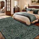 Washable 5x8 Area Rug for Living Room Bedroom Dining Room Office, Non-Slip Low Pile Stain Resistant Soft Carpet for Vintage Floral Oriental Home Decor Dark Green/Navy/Black