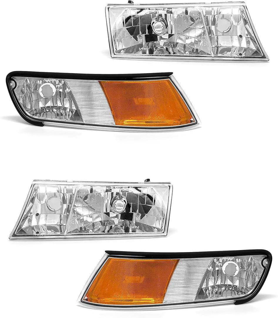 1998-2002 Mercury Grand Marquis Headlight Assembly for 98 99 00 01 02 Mercury Grand Marquis Chrome Housing Headlamp with Clear Lens Amber Reflector Left+Right Pairs(Not included Bulbs)