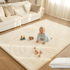 Huloo Sleep Ultra Soft Fluffy Baby Play Mat for Floor,1.3" Thick Cushion Padded Kids Rug with 3D Carved Faux Rabbit Fur,Non-Slip Large Carpet Nursery Rug Area Rug for Playroom Living Room(Cream)