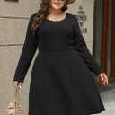 Nemidor Womens Plus Size Scooped Neck Long Sleeve Ribbed Midi Swing Dress with Pocket NEM543 (Black)