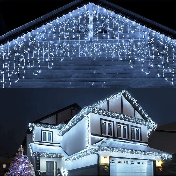 Techip Christmas Lights Outdoor, 360 LED Icicle Lights for Outside, Plug in Curtain String Lights with 8 Modes Waterproof for Patio Party Holiday Decorations Cool White