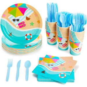 BLUE PANDA 144 Piece Beach Theme Party Supplies, Summer Dinnerware Set with Plates, Napkins, Cups, and Cutlery (Serves 24) - Beach Party Decorations