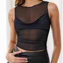 Sexy Pleated Ruched Crop Tank Tops for Women Mock Neck Sleeveless Mesh See Through Double Linery Tank Tops (Black)
