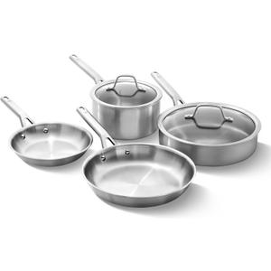 Calphalon Brushed 3-Ply Stainless Steel Cookware Set w/Turbo Heat Tech 6 Piece Includes Frying Pans, Pots and Pans Set, Induction, Oven Safe 450F, Brushed Stainless Silver