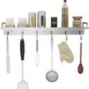 Kitchen Utensil Rack, 19.7 inch Spice Rack with 6 Hooks Wall Mount, Over the Stove Shelf, Stainless Steel, Hanging Storage Wall Shelf for Spatula Spoon, Seasoning Jar Organizer