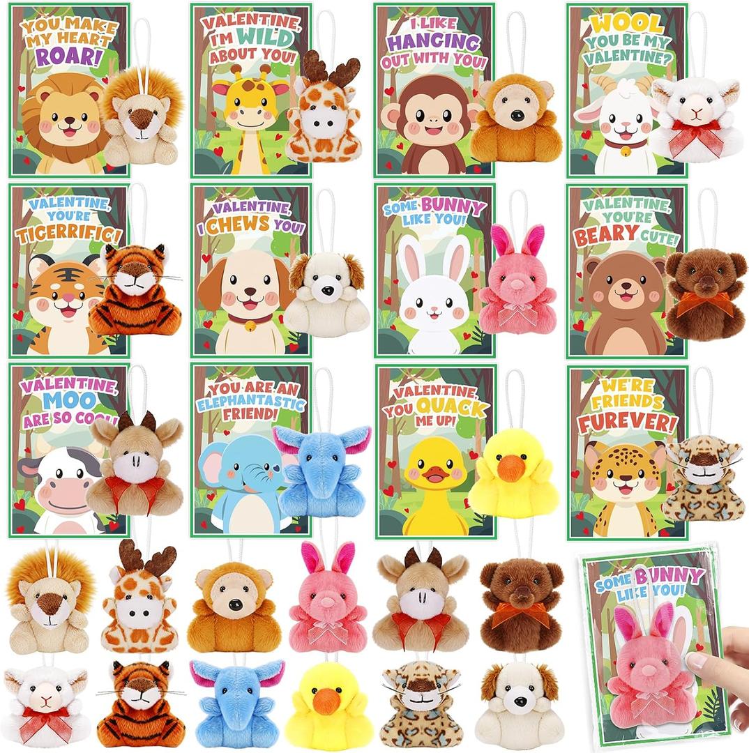 Valentines Day Gifts for Kids, 24 Pack with Plush Toy for Kids, Plush Keychain Toy for Classroom Exchange Cards and Party Favor, Greeting Gifts, Game Prizes