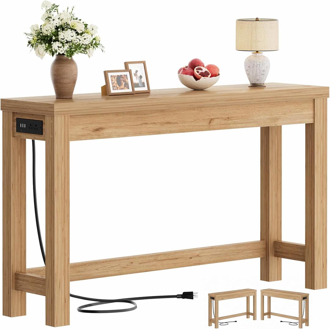 Cyclysio 47" Console Tables for Entryway, Narrow Console Tables for Living Room, Behind Couch Table, Sturdy Wood Support Hallway Table with 3AC+2USB Charging Station, Natural Oak