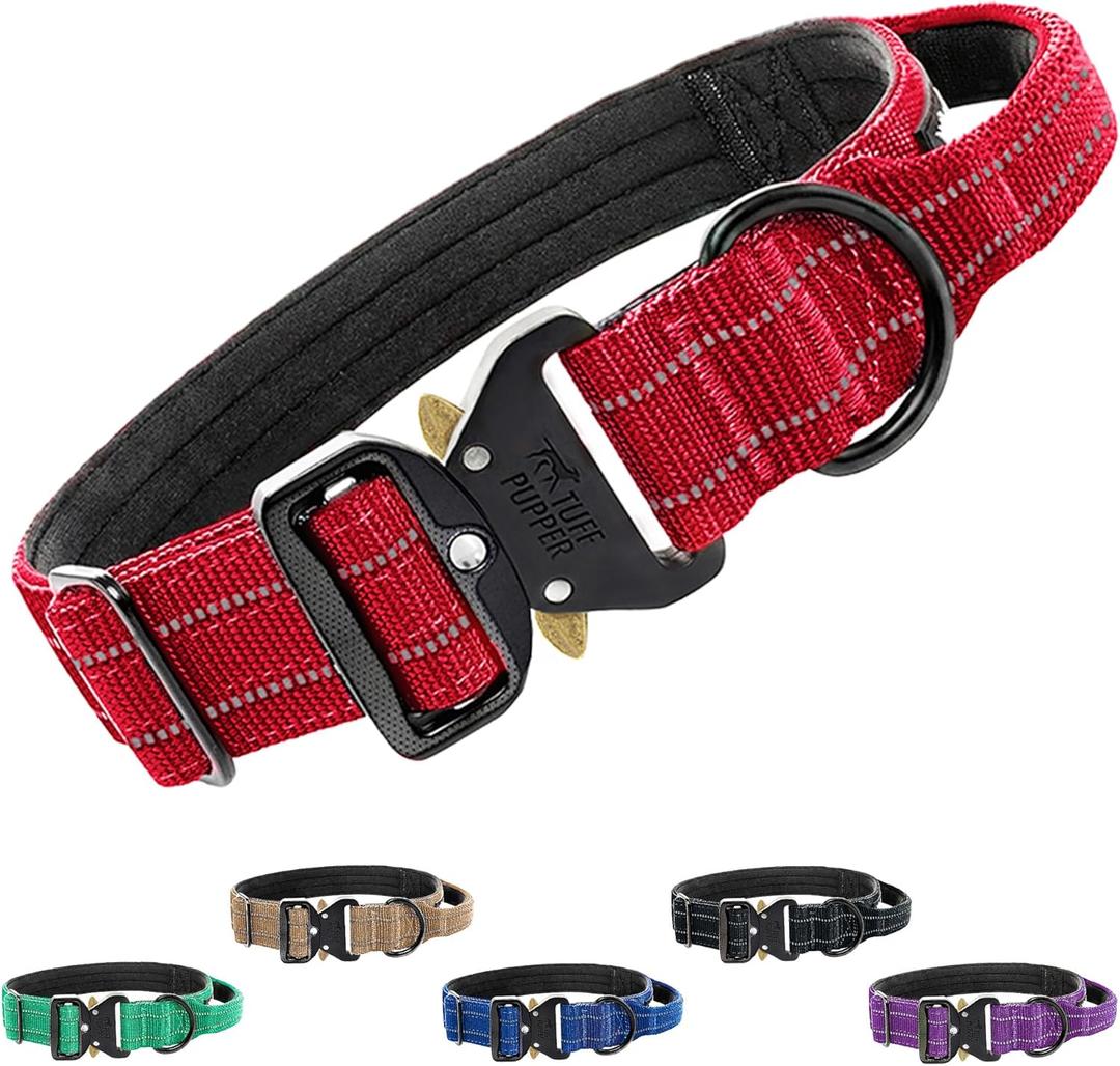 Tuff Pupper Tactical Dog Collar | Heavy Duty 1.5" Wide Ballistic Nylon | Training Control Handle | Quick-Release Metal Buckle | Reflective Bands | ID Tag Holder | Padded Inner Lining (Red, Medium)