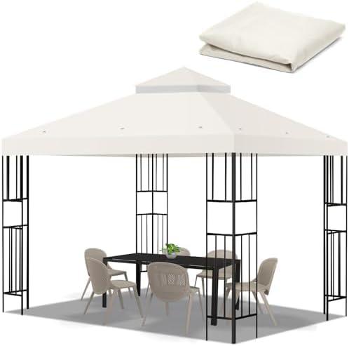 10x10 FT Gazebo Replacement Top, Canopy Replacement Cover Double Tiered for Outdoor BBQ Roof Cover Grill Shelter (Beige)
