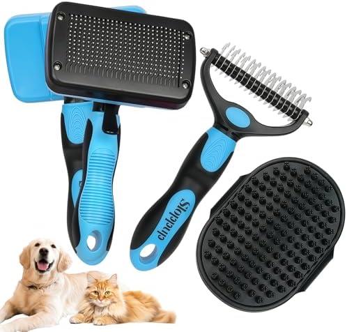 Histotree Blue Pet Grooming Kit 3Pcs Self-Cleaning Slicker Brush for Dogs&Cats Double-Sided Dematting&Deshedding Comb Dog Bath Massage Brush Professional Grooming Tools for Short&Long Hair Pets