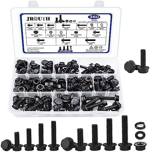 360 Pcs M6-1.0 M8-1.25 Flange Hex Head Bolts Nuts Washers Kit, Class 10.9 Alloy Steel Black Zinc Plated Metric Flanged Hex Screws, M6 X 12-30mm and M8 X 16-30mm Fully Threaded
