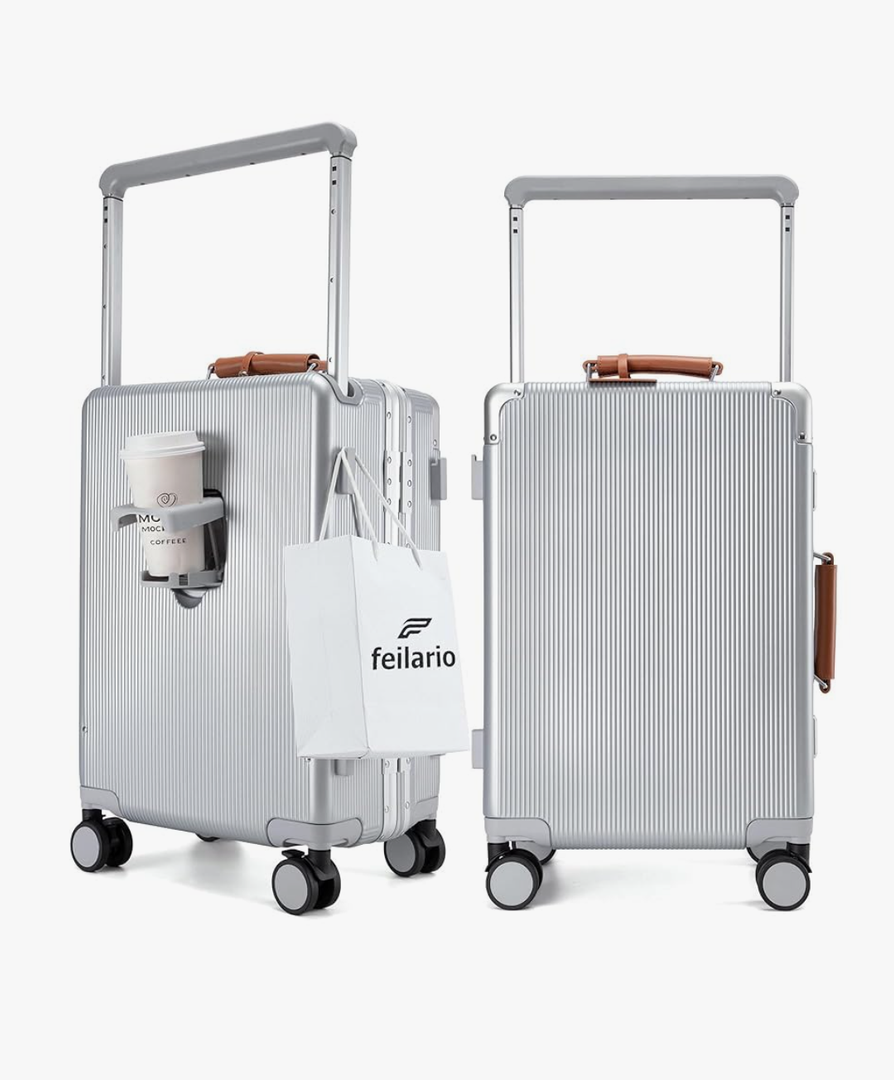 feilario 20'' Aluminum Frame Wide Handle PC Hardside Carry On Luggage - Double Spinner Wheels Luxury Rolling Travel Suitcase with TSA Lock & Cup Holder
