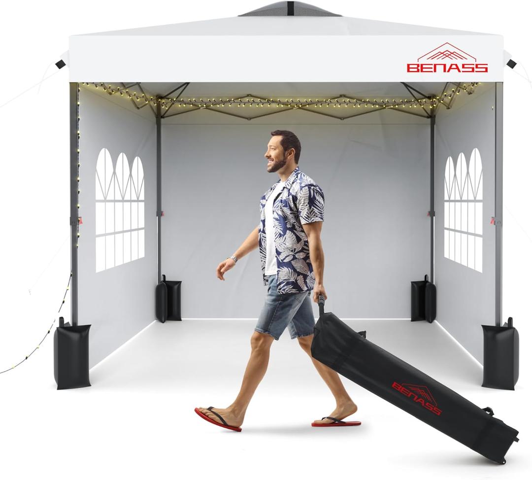 10x10 Pop Up Canopy with Sidewalls, Easy Up Canopy Tent, Heavy Duty Tents for Parties, One Person Set Up Event Tent, White (Silver-coated White)