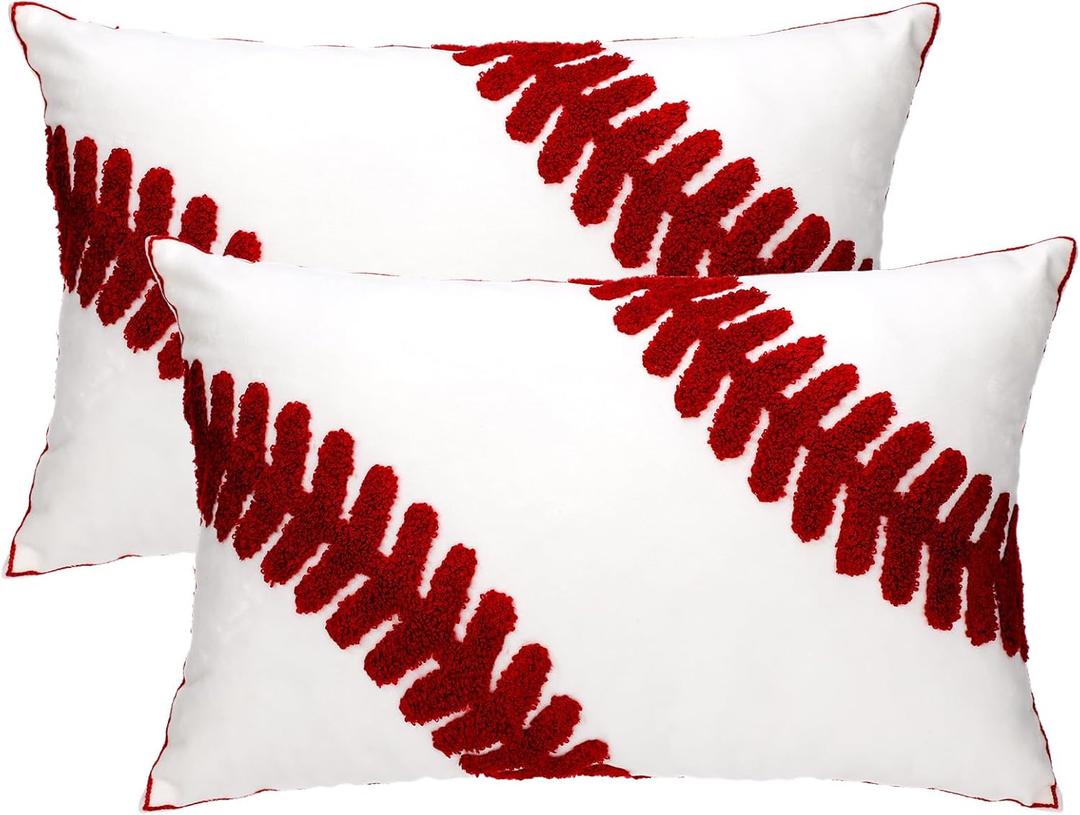 2 Pcs Baseball Velvet Pillow Covers 12 x 20 Inch 3D Tufted Embroidery Sports Theme White and Red Baseball Decorative Throw Cushion Case for Bedroom Sofa Living Room Couch Chair Home Decor
