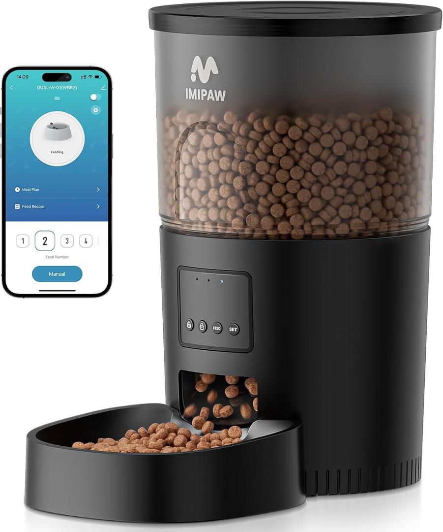 IMIPAW Automatic Cat Feeder, 5G WiFi Cat Food Dispenser with APP Remote Control, Pet Dry Food Smart Feeder, Programmable Timed Feeding, Dual Power Supply, 1-10 Meals Per Day, Desiccant Bag, Small pets (Black)