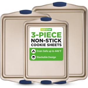 NutriChef 3Piece NonToxic Cookie Sheets for Baking  Premium Carbon Steel Oven Tray Set with Blue Silicone Handles  Nonstick Baking Sheet Set for Cookies, Pastries & OvenSafe Cooking