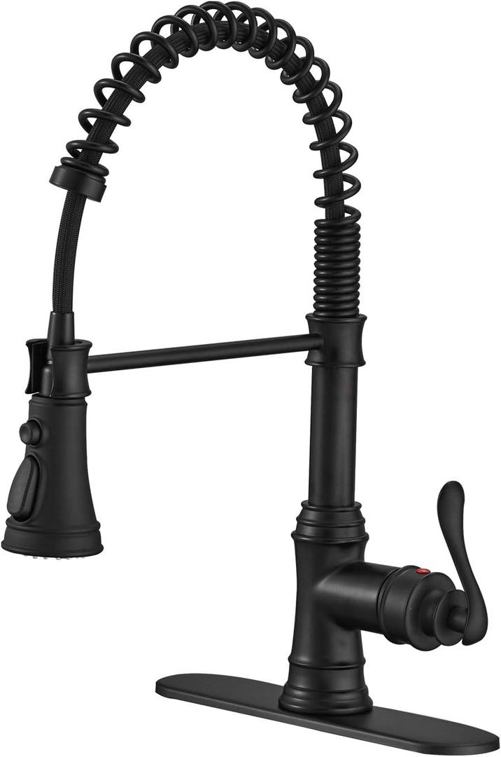 BWE Kitchen Sink Faucet with Deck Plate Single Handle Lever with Pull Down Sprayer Spring 3 Function Kitchen Faucet High Arc Farmhouse Commercial Bar Kitchen Faucets Matte Black