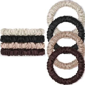 Scrunchies Hair Ties Silk Satin Scrunchy, WantGor Women 4PC Pure Mulberry Silk Skinny Elastic Scrunchies Hair Bands Bracelets Ponytail Holders Hair Accessories (Black,Brown,Champagne,Apricot)