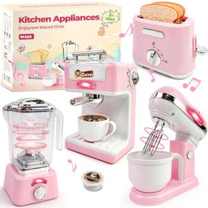 Play Kitchen Accessories,Play Kitchen Appliances with Coffee Maker,Mixer,Toaster and Blender,Kids Kitchen Playset with Lights & Sounds,Pink Kitchen Toys Set for Girls,Birthday Gifts Age 3-5 4-8