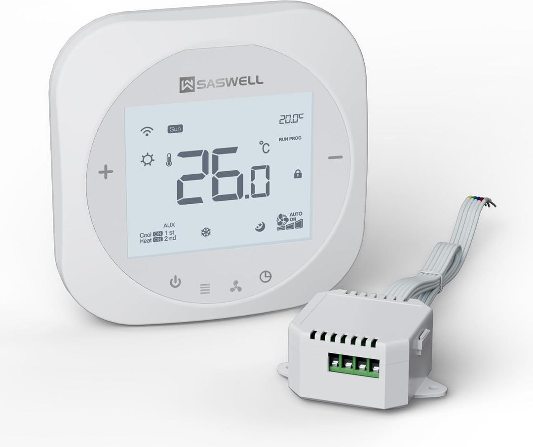 Smart WiFi Thermostat for Home, Programmable Thermostat with C-Wire Adapter, 3H/2C for Heat Pump & Conventional Systems, Tuya App Control, Compatible with Alexa & Google Assistant, White