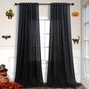 Black Linen Curtains 84 Inch Length for Living Room 2 Panel Back Tab Pocket Muslin Light Filtering Semi Privacy Thick Sheer Floor Length Curtain for Mens Bedroom Man Cave Modern Farmhouse Gothic Decor
