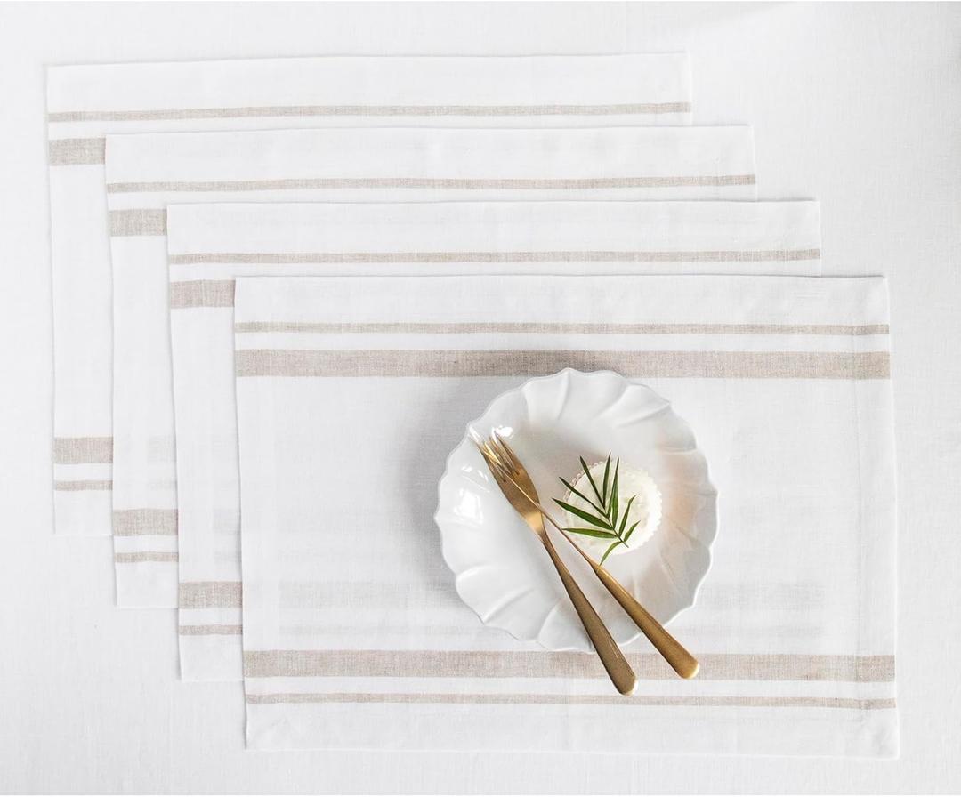 Solino Home Striped Linen Placemats Set of 4-100% Pure Linen Natural and White Place Mats 14 x 19 Inch for Summer - French Stripe