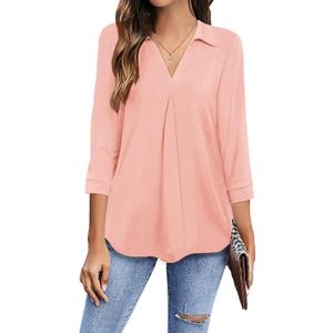 Newchoice Womens Collared V Neck 3/4 Sleeve Shirts Business Casual Tops Loose Work Blouses (S-3XL) (Large, Pink)