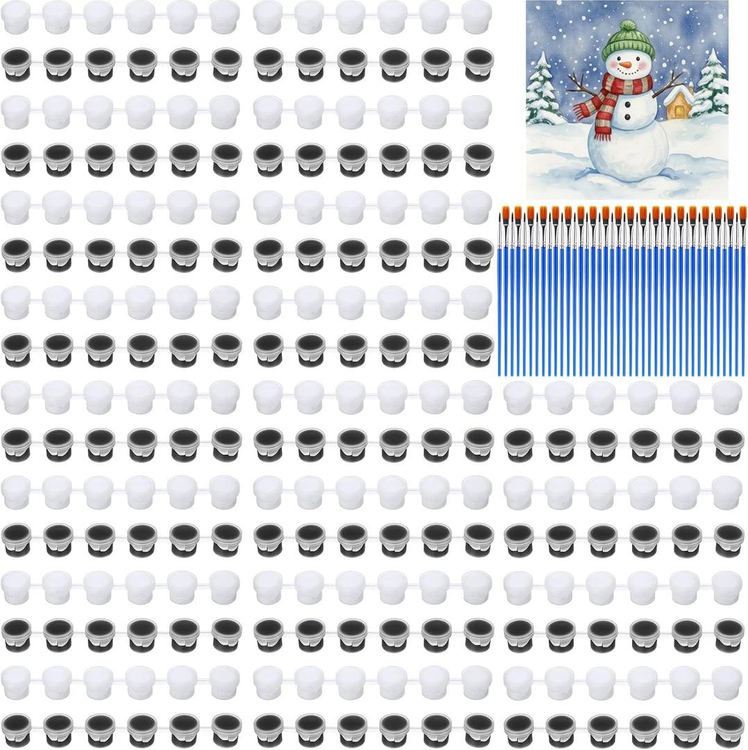 Nuanchu 280 Pcs Winter Mini Acrylic Paint Set Black and White Acrylic Paint Strip Bulk 20 Flat Brushes 20 Pointed Brushes for Party Neutral Basic Color Christmas Snowflake Snowman Painting Kit