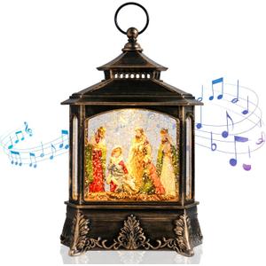 VCUTEKA Christmas Snow Globe Lantern, Jesus in Musical Lantern Christmas Snow Globe with USB or Battery Operated Lighted LED Water Glittering Music Playing for Christmas Home Decor
