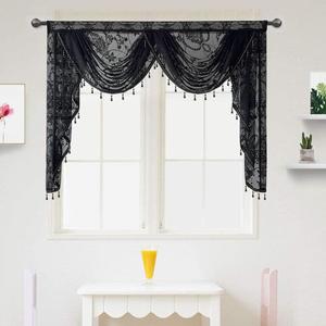 Black Lace Swag Valance for Kitchen Windows Embroidered Beaded Swag Waterfall Valances with Tassels Trims for Living Room Bedroom Rod Pocket 1 Panel (W59 Inch, Black)