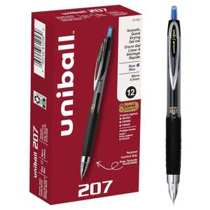 uniball 207 Retractable Gel Pens, Micro Point (0.5mm), Blue, 12 Pack