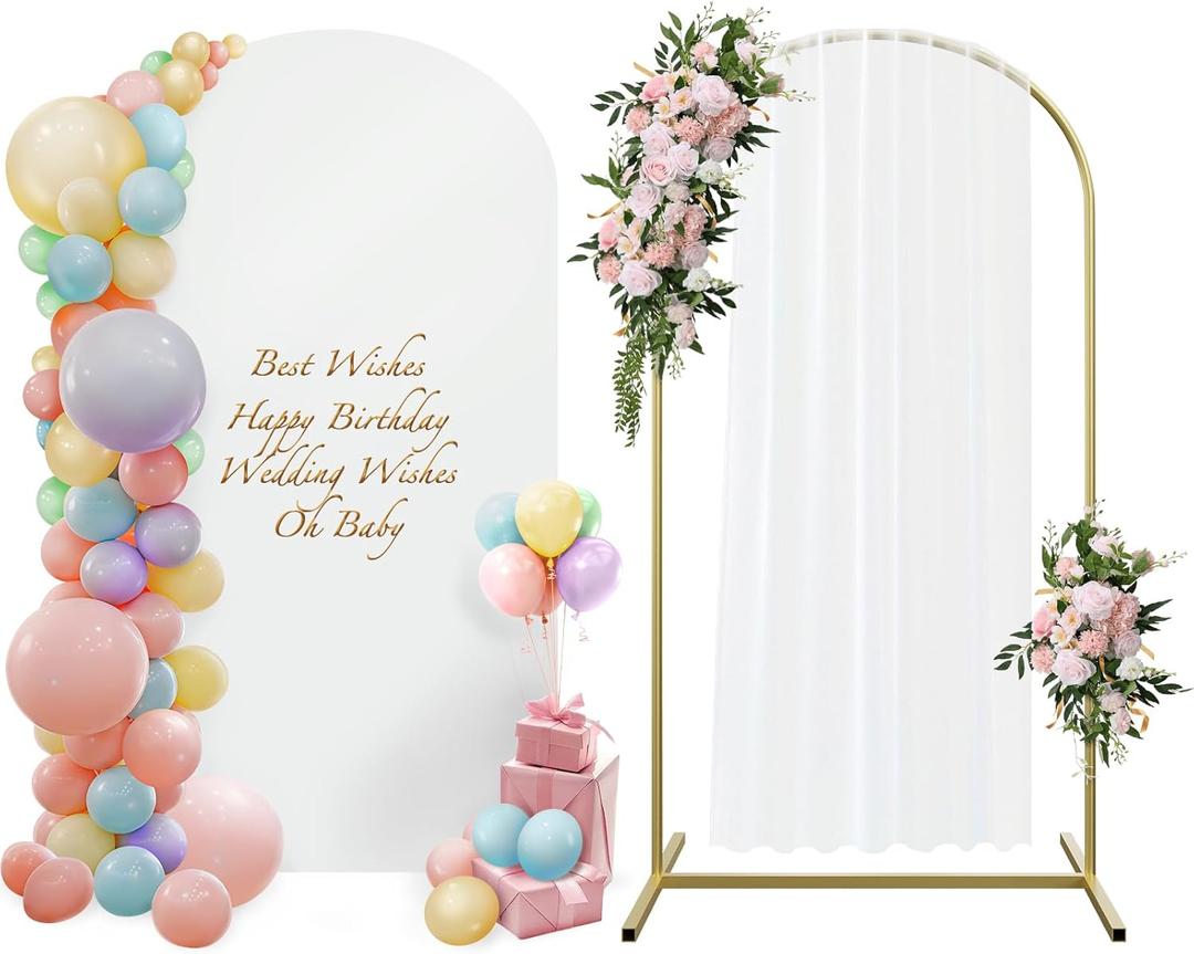 Wedding Arch Backdrop Stand 4ft, Metal Arch with Cover, Metal Arch Stand & Arch Stand Cover Set with 100 Party Multi-Colored Balloons for Birthday Party Wedding Ceremony Bridal Baby Shower Event Decor (White)