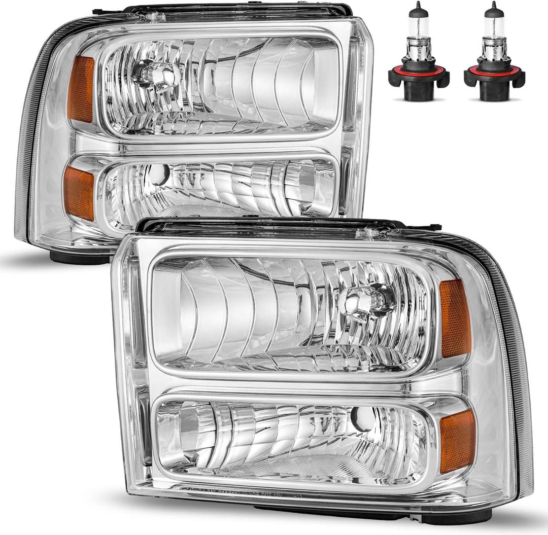 Headlights W/Bulbs for 2005 2006 2007 Ford F250 F350 F450 F550 Super Duty Halogen Headlamp Replacement Driver & Passenger Side