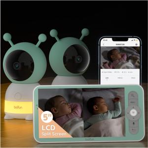 BOIFUN 2K Split-Screen 5 Inch Wi-Fi Baby Monitor With 2 Cameras, Colorful Night Light, AI Motion & Sound & Humidity & Temp Detection, Auto Tracking Via Smartphone App And Monitor Control, Night Vision