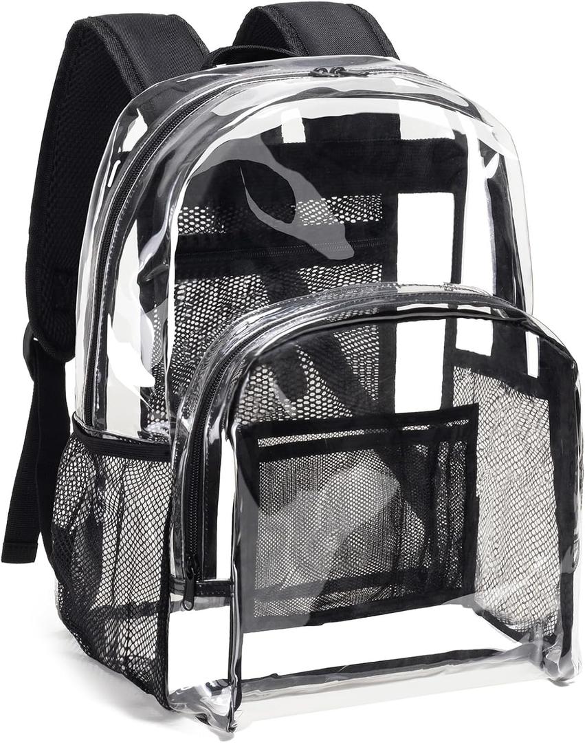 Vorspack Clear Backpack Heavy Duty PVC Transparent Backpack with Reinforced Strap Stitches & Large Capacity for College Workplace Security - Black